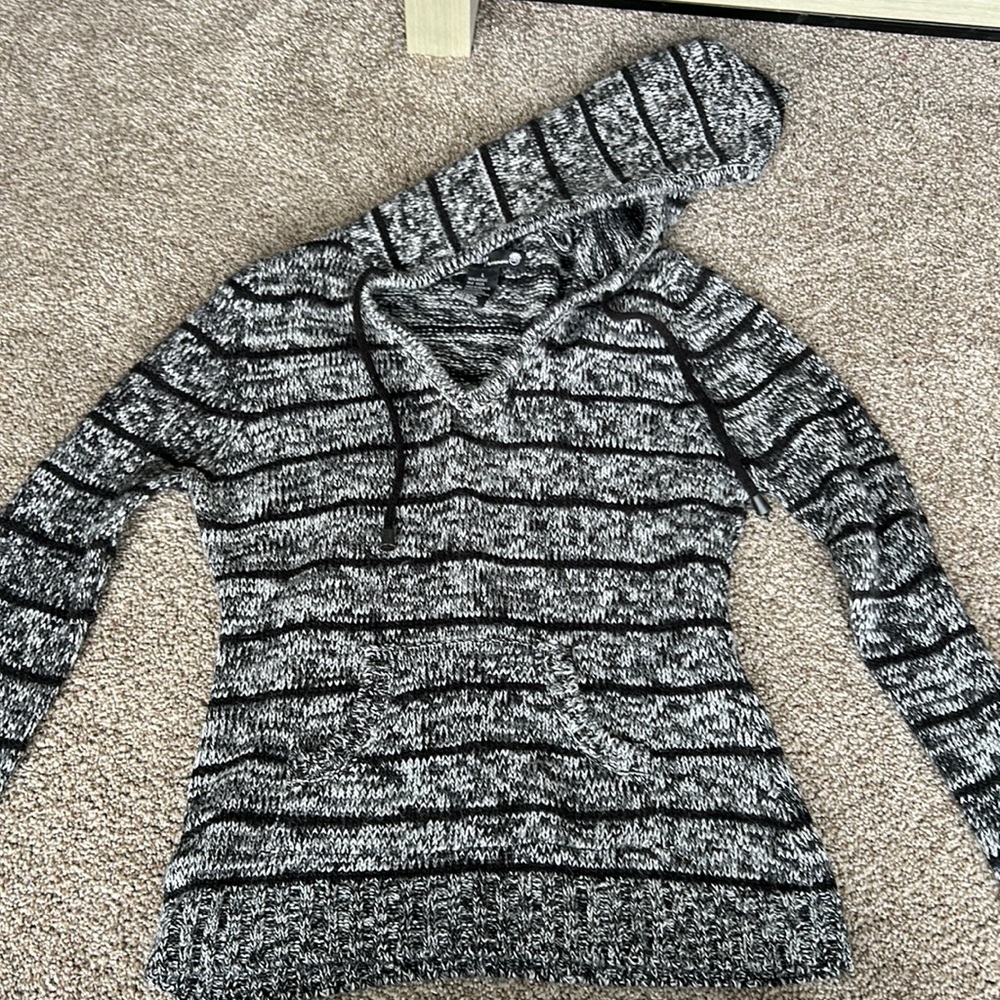 Black/gray sweater with hood. Size large fits like small.